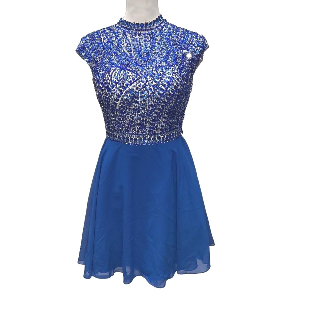 Izilady High Neck Beaded Bodice A Line Dress Sz 2‎ Royal Blue Open Back Cocktail